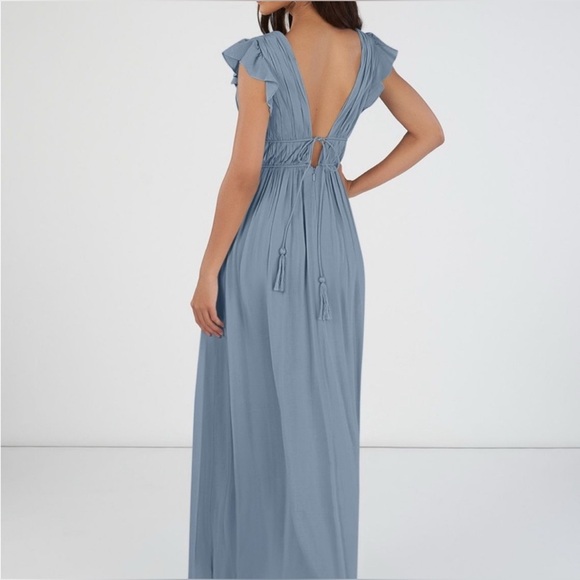 Azazie "Santorini" Blue Maxi Dress Size 16 plunging v neck black tie formal - Picture 3 of 12